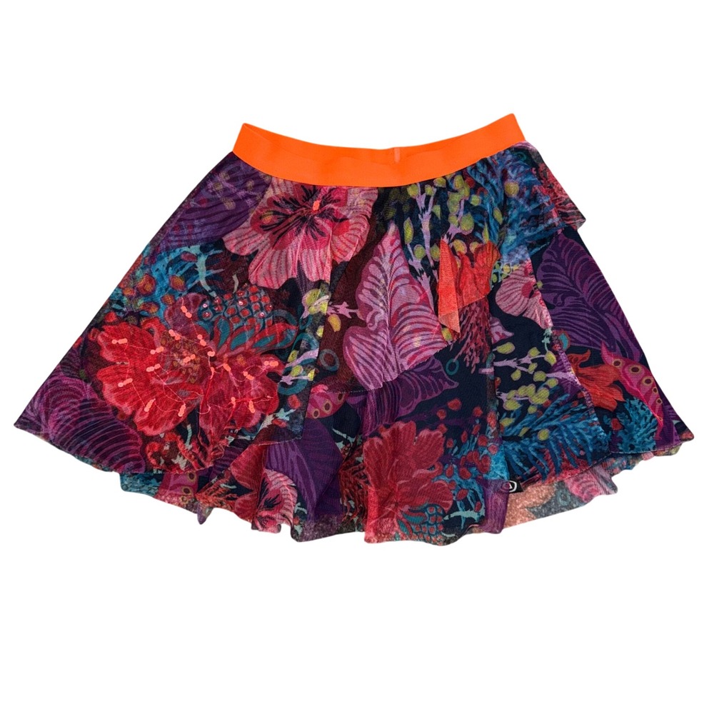 Desigual Kids Skirt Size 7 8 Mesh Floral‎ Print Orange Waistband Funky